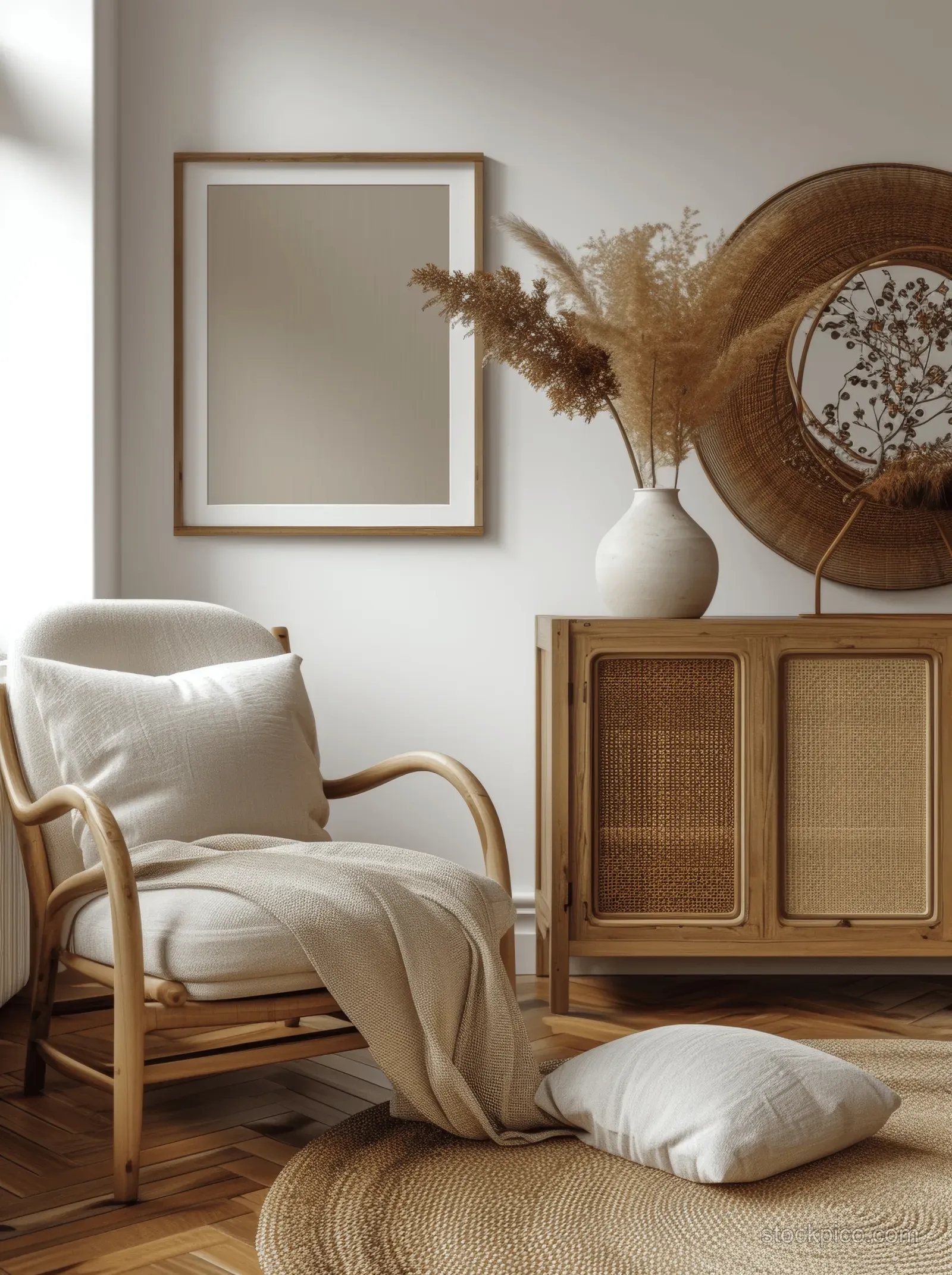 White armchair and neutral cushions beside a wooden sideboard under a minimalist framed wall poster.