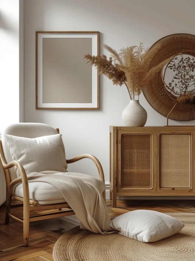 Scandinavian living room scene with wooden sideboard, neutral cushions, and framed wall art