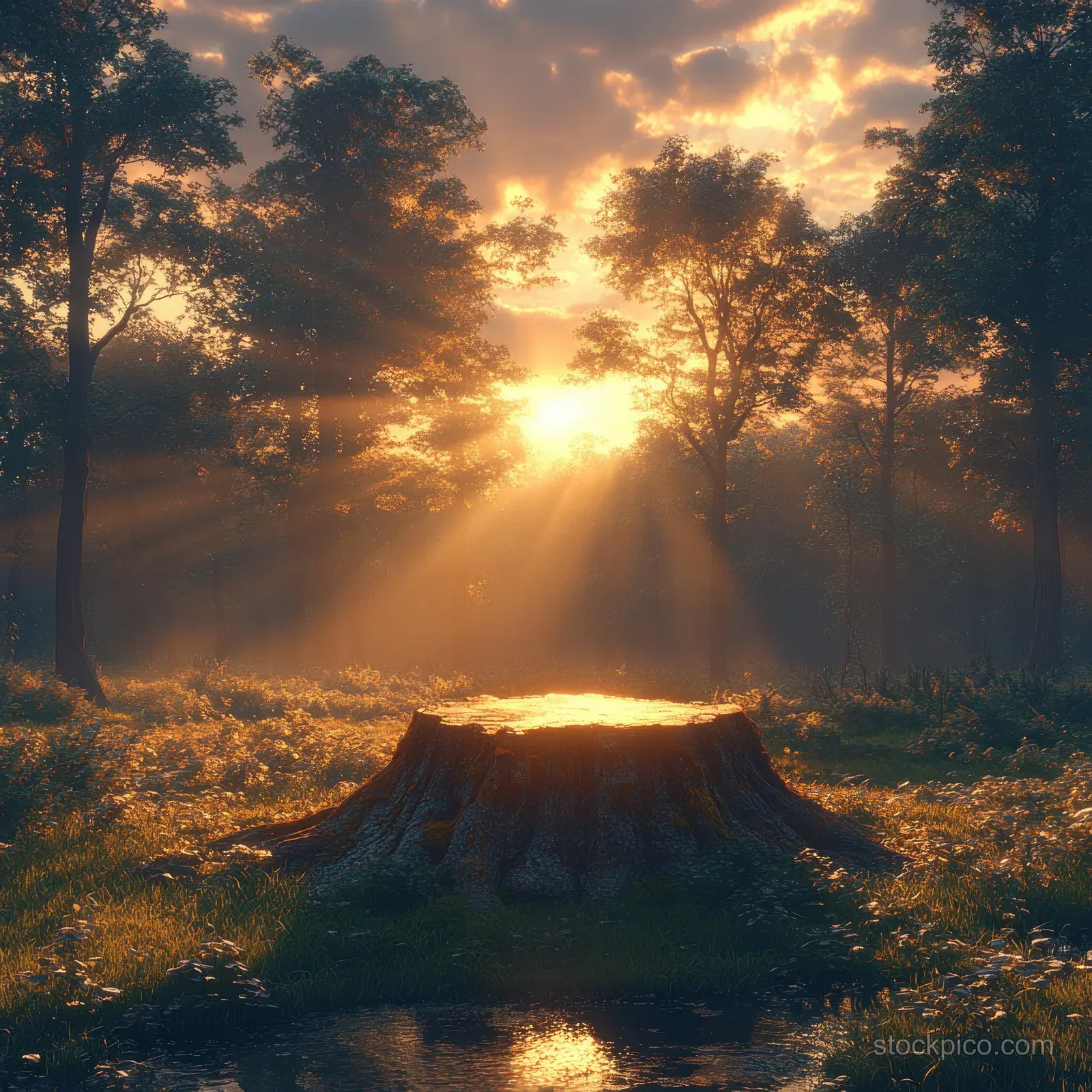 Golden sunset beams through mist over a forest clearing centered on a large tree stump and surrounding foliage.