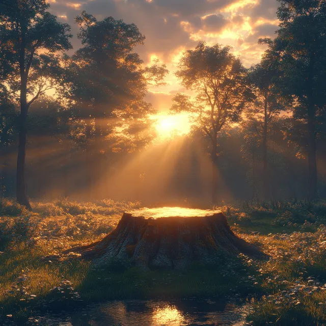 Golden sunset illuminates forest clearing with large tree stump and soft morning mist