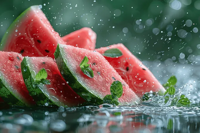 Watermelon slices burst upward with water splash over green background and mint leaves