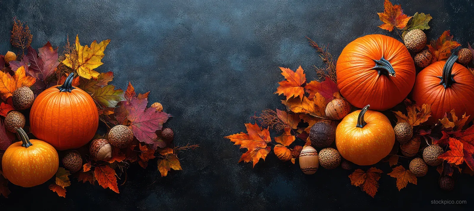 Orange pumpkins, acorns, and red-orange maple leaves arranged on a dark textured background.