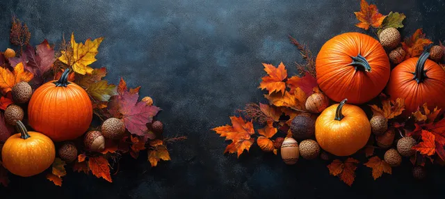 Orange pumpkins, acorns, and red-orange maple leaves arranged on a dark textured background.