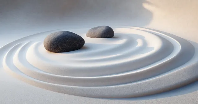 Smooth stones sit on a raked spiral of sand in a serene zen garden setting.