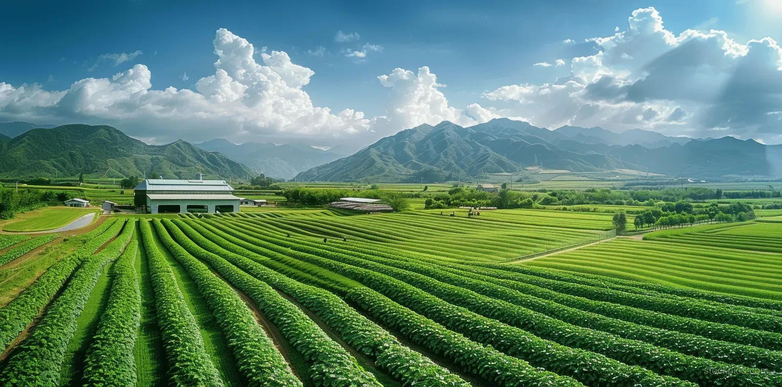 Aerial view of green crop fields with a warehouse and mountains under a blue sky.
