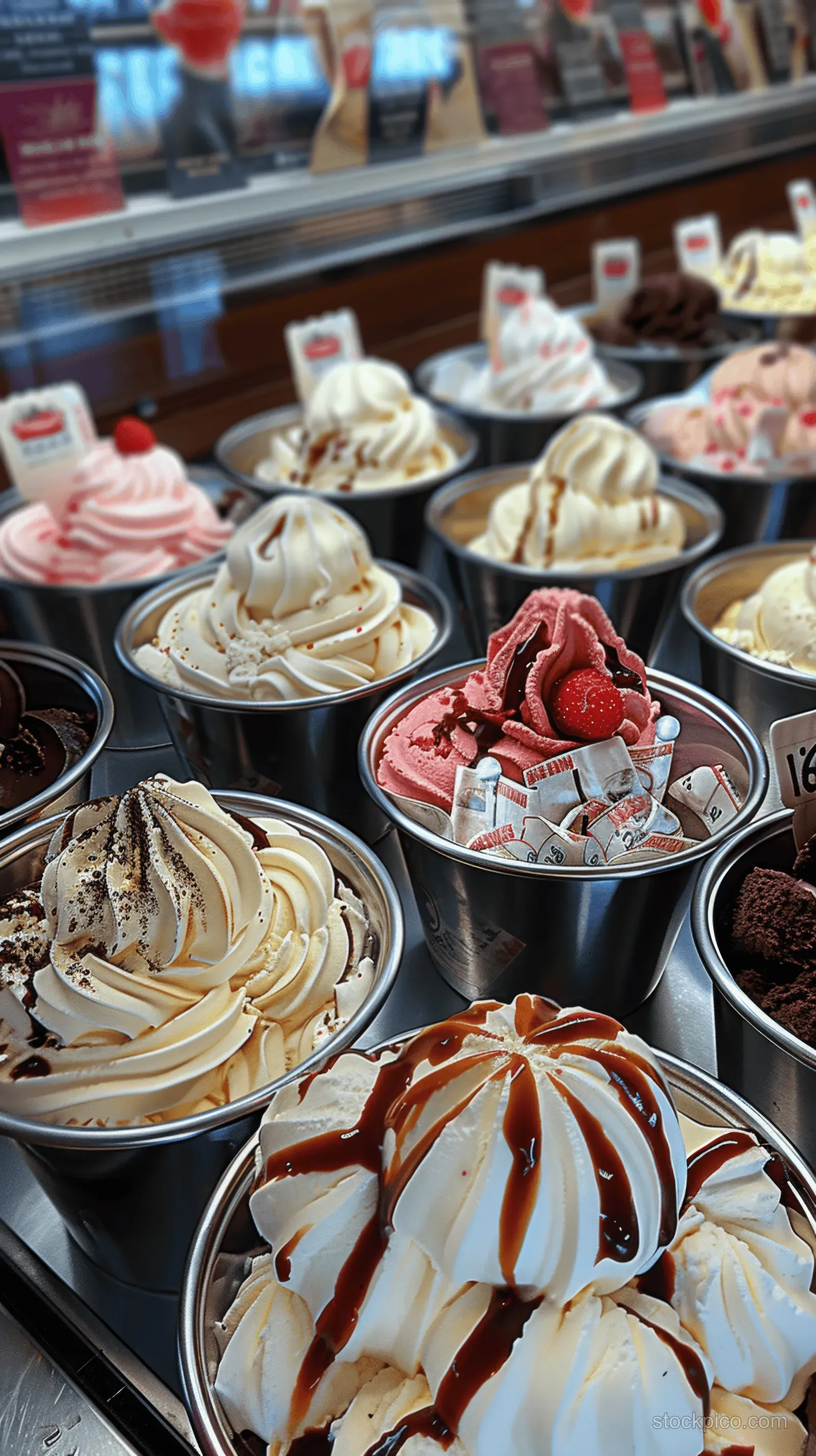 Colorful gelato scoops in metal trays inside an Italian store display case.