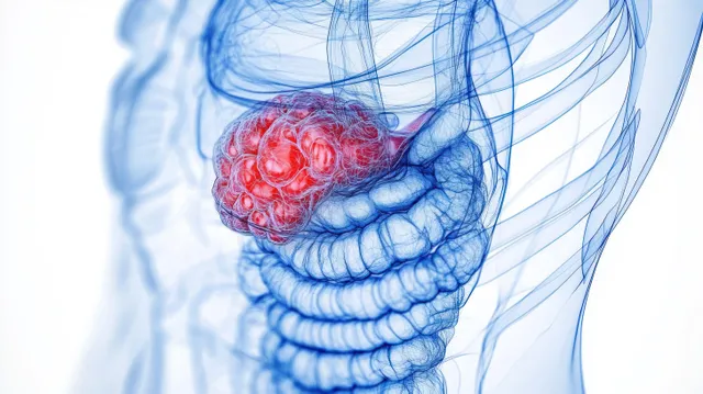 3D transparent blue digestive system model with a red inflamed colon segment in the torso area.