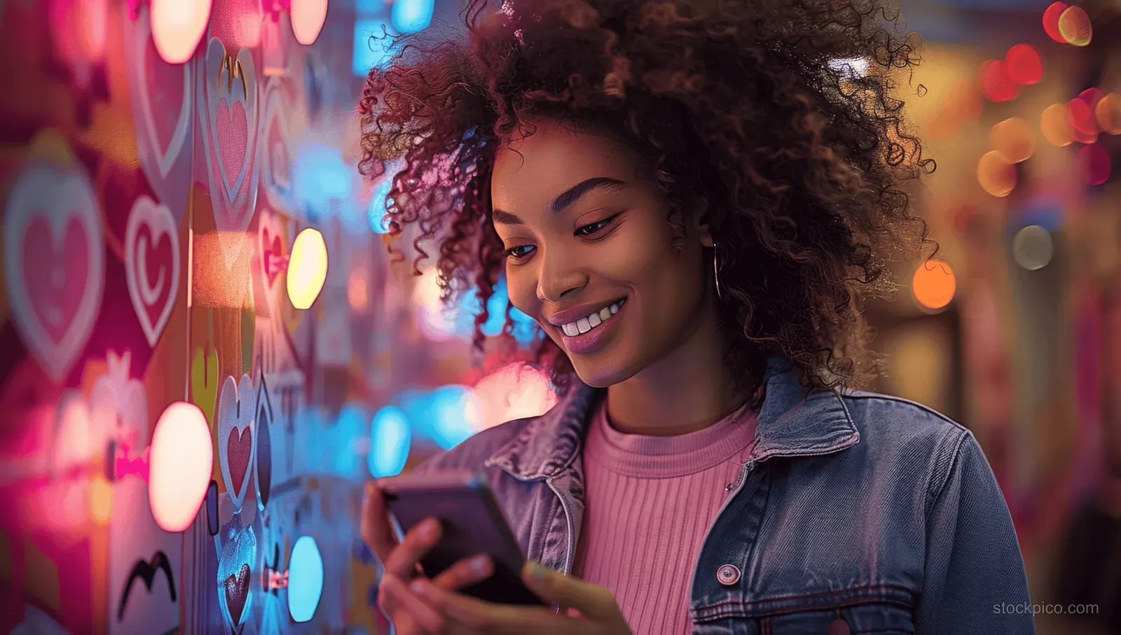 A smiling woman in a denim jacket holds a smartphone in a vibrant art gallery with glowing hearts in the background.