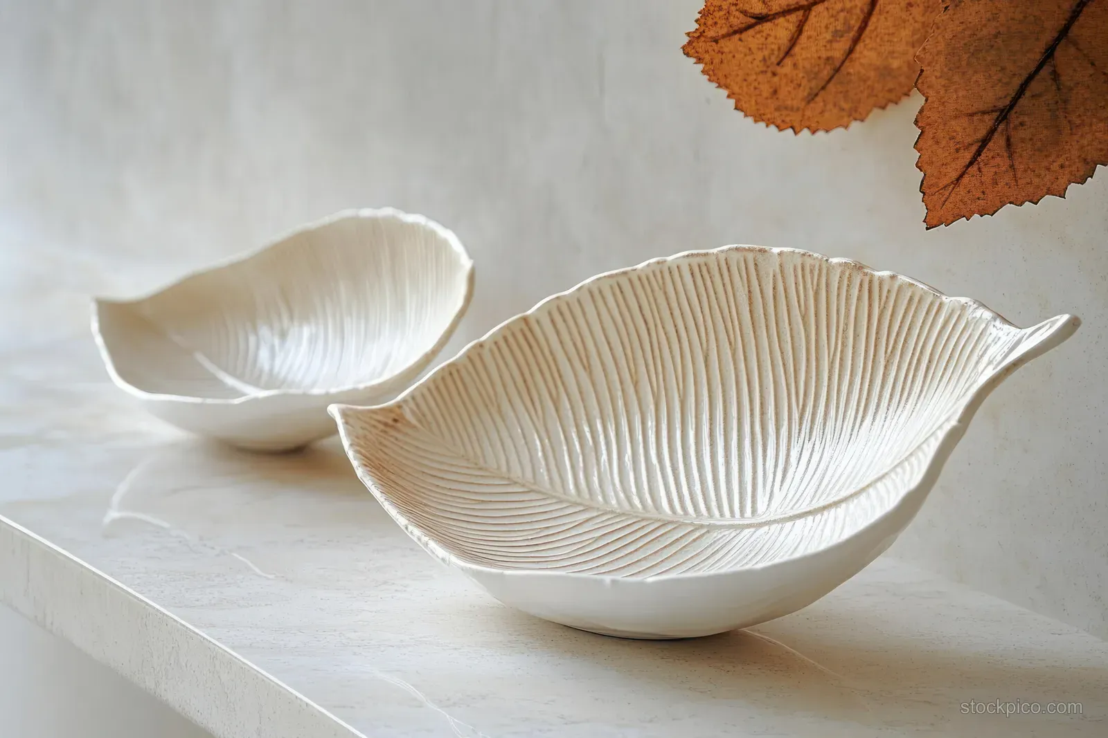 Leaf-shaped porcelain bowls on a light marble surface with an autumn leaf in the upper corner.