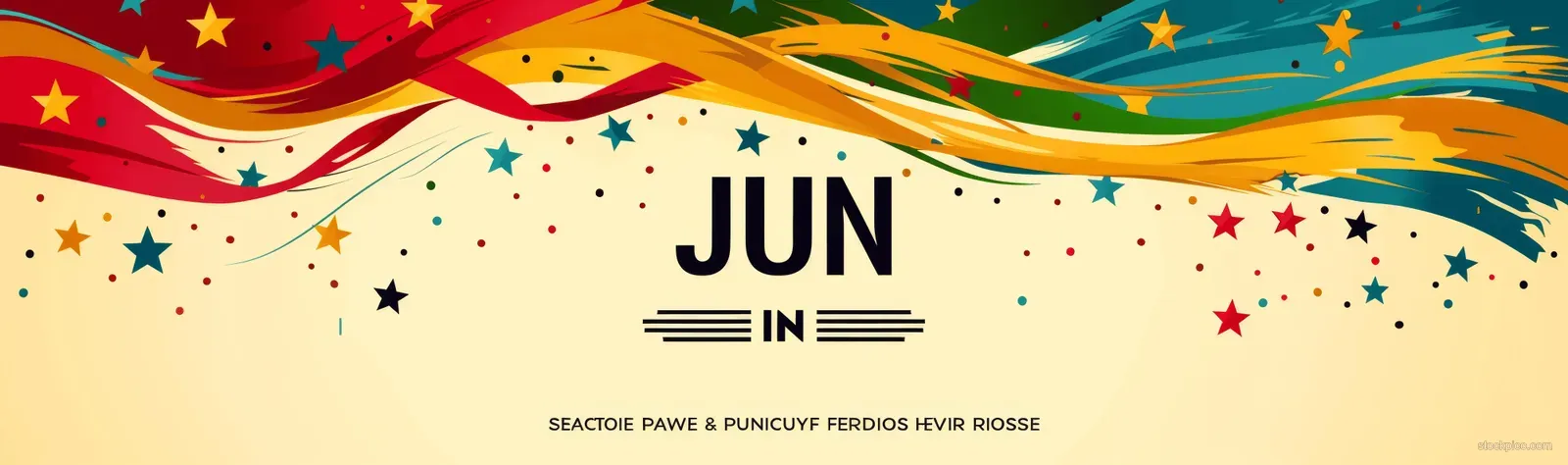 Juneteenth Freedom Day banner with flowing red, white, and blue ribbons, star confetti, and text header.
