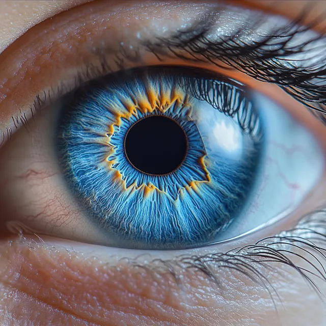Extreme close-up of a human eye with a vibrant blue iris, orange pattern ring, and visible eyelashes.