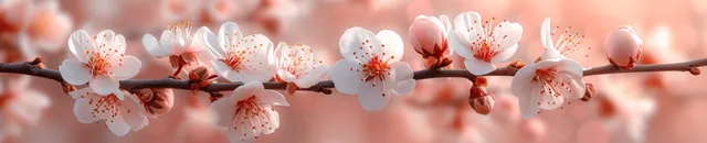 Watercolor cherry blossom branch with soft pink petals against a pastel pink background.