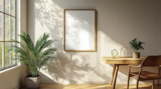 Sunlit room with a wooden chair, decorated desk, blank framed wall art, and plant shadows from a large window.