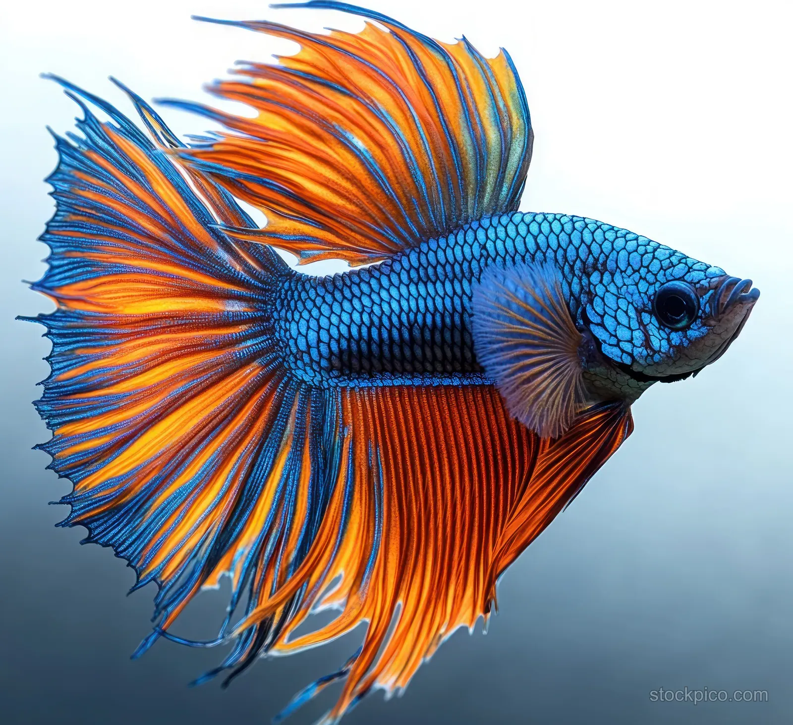 A blue and orange betta fish swims calmly with flowing fins against a soft gradient background.