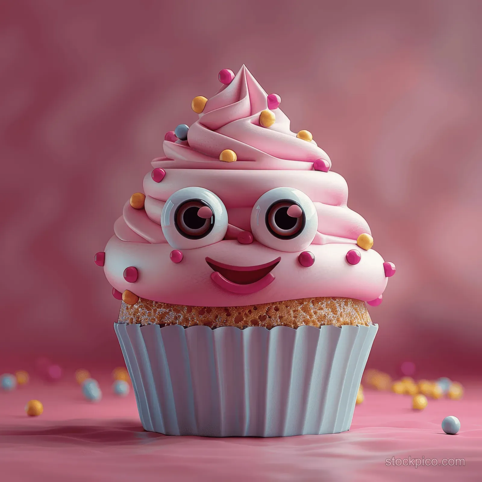 A smiling 3D pink cupcake character with big eyes and sprinkles on a pink studio background.