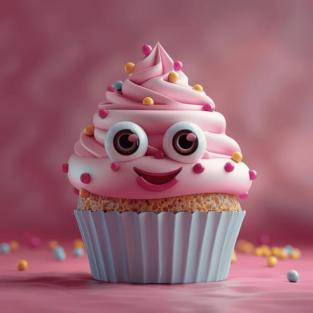 A smiling 3D pink cupcake character with big eyes and sprinkles on a pink studio background.