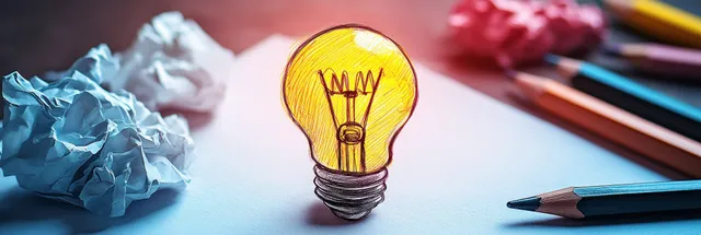 Yellow light bulb drawing on crumpled paper with pencils and watercolor-like color supplies on a wooden table.