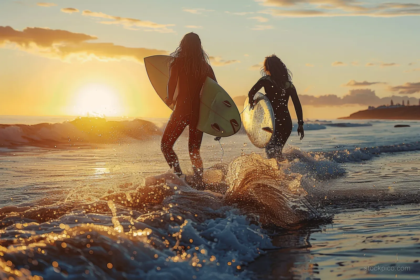 Young women run into the sea with surfboards at sunrise, surrounded by ocean spray and energetic beach action.