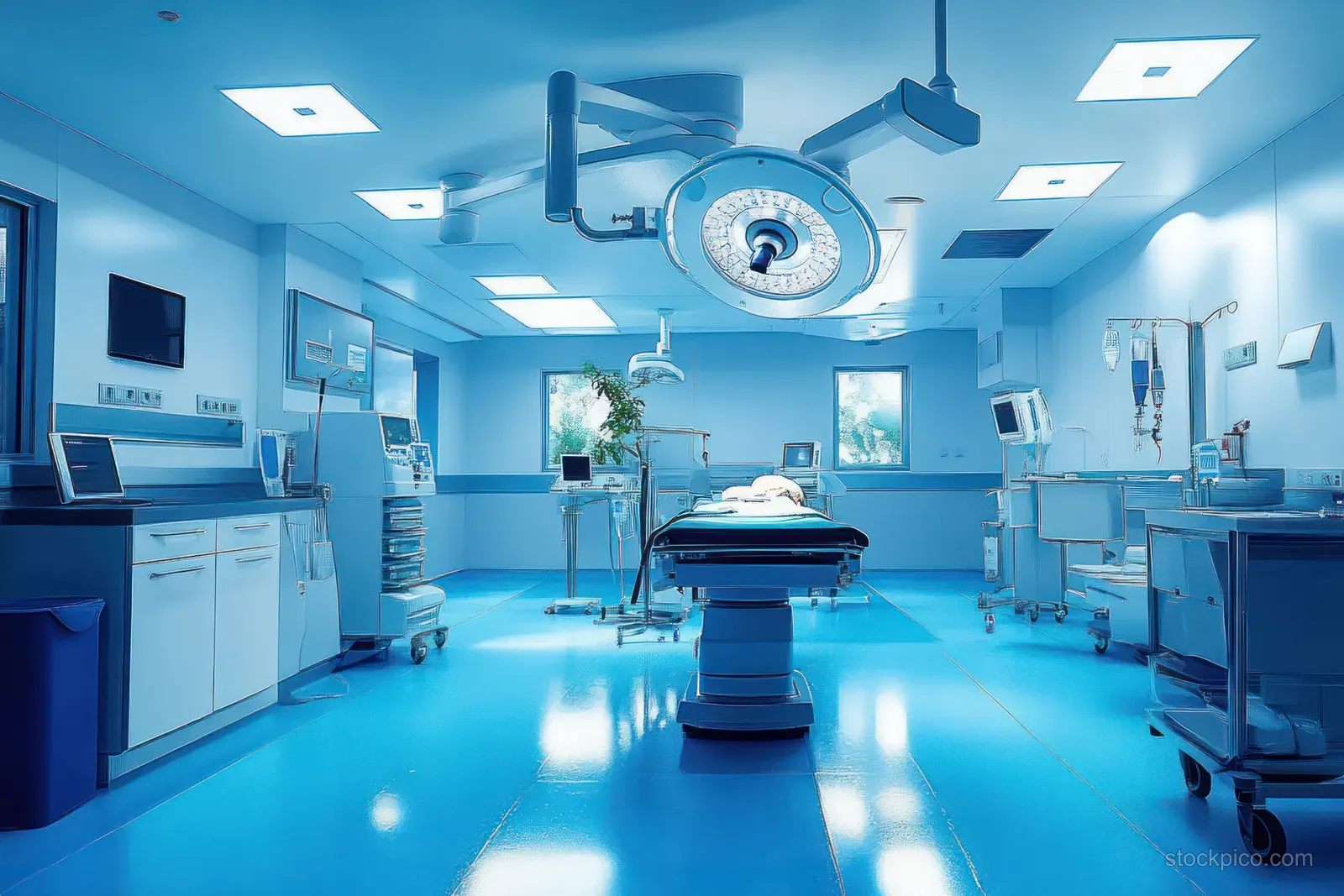 A sterile operating room with a central surgical table, overhead lights, and medical equipment along blue walls.