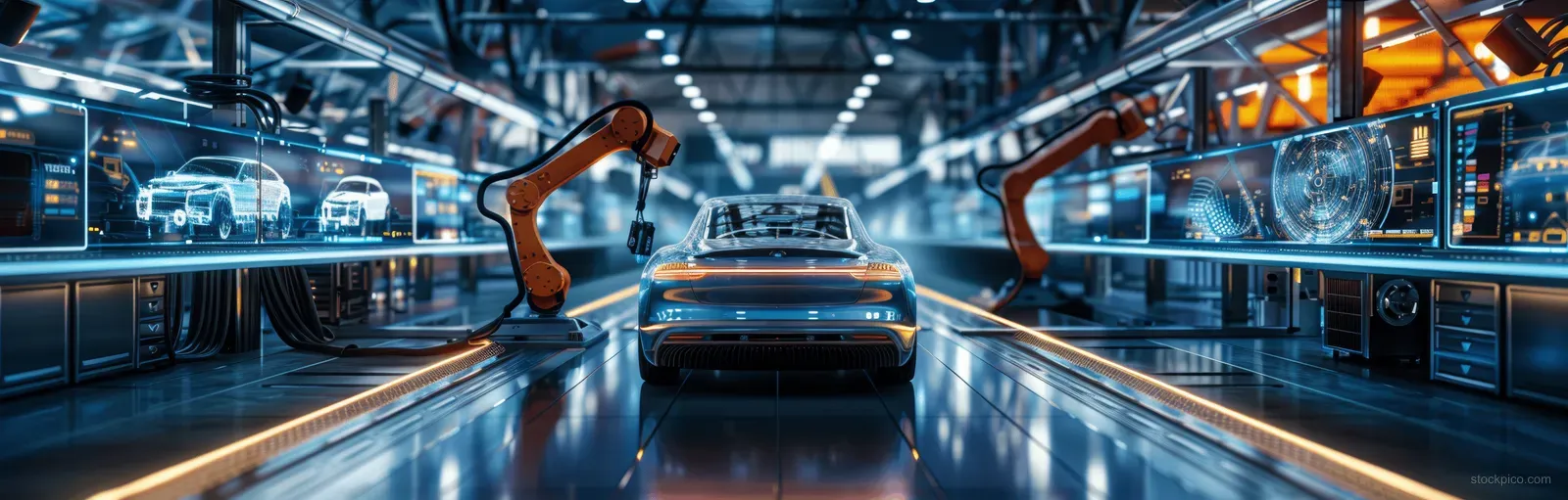 Robotic arms weld an electric car on a futuristic factory production line under blue lights and holographic panels.