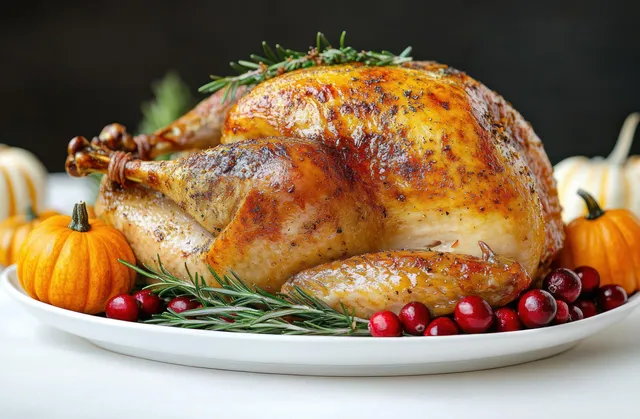 Golden roasted turkey on a white platter with rosemary, cranberries, and small orange pumpkins.