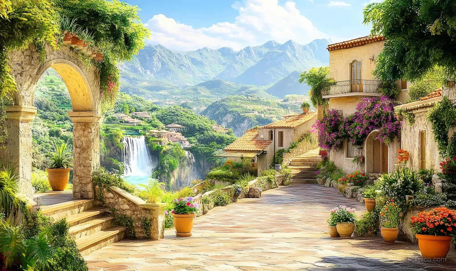 Sunlit Mediterranean village street with stone archway, potted plants, and waterfalls in the distant green valley.