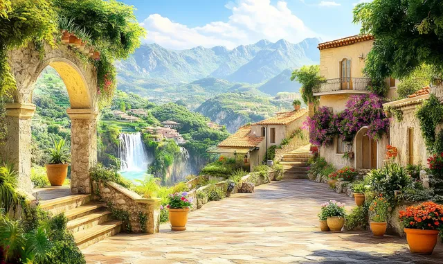 Mediterranean village lane with archway, terraced gardens, and cascading waterfall in valley
