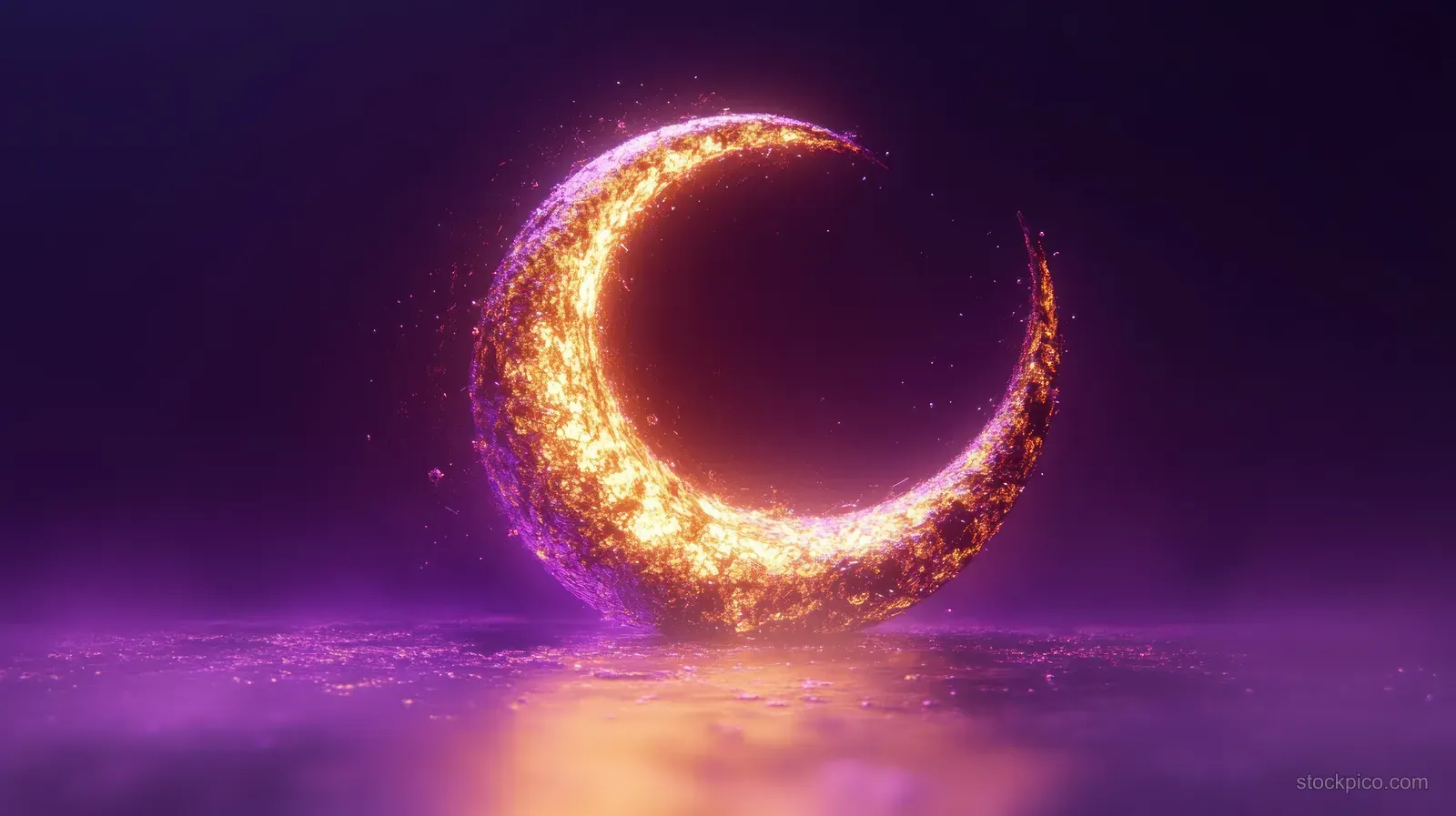 A fiery glowing crescent releases sparks above a reflective purple surface.