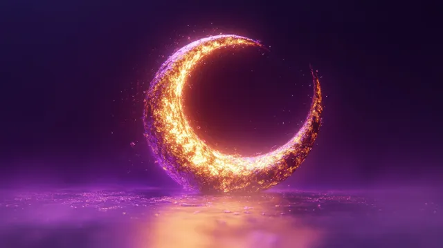 A fiery glowing crescent releases sparks above a reflective purple surface.
