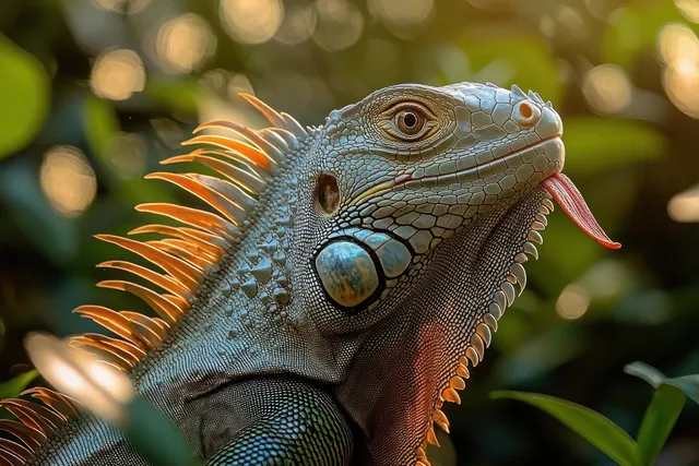 Iguana with blue and orange textured scales sticking out its tongue against blurred green leaves.