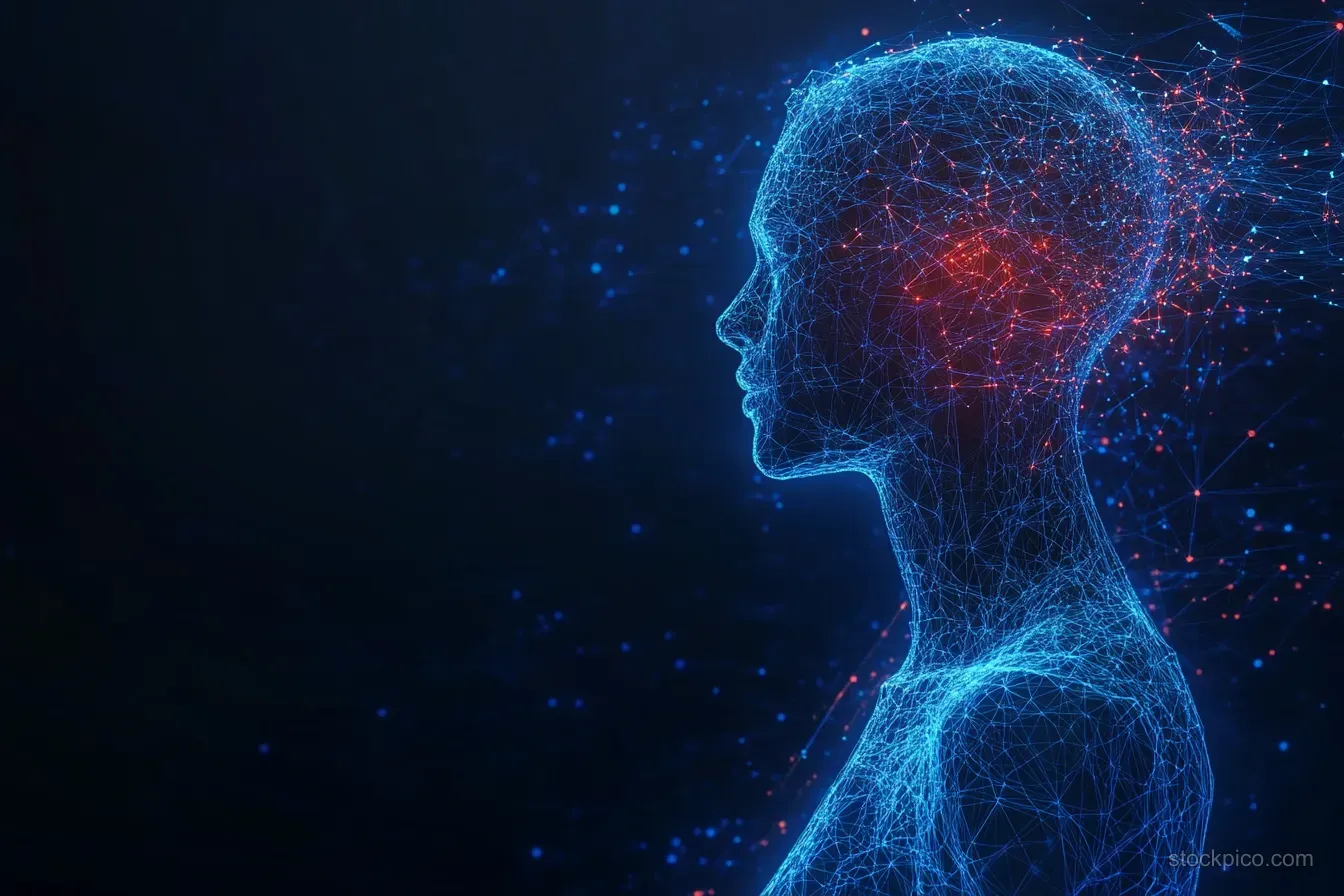 Wireframe human head profile with interconnected blue and red glowing nodes on a dark background.