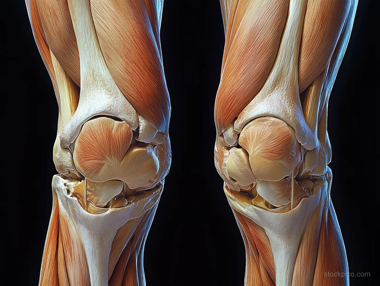 3D render of anterior knee anatomy showing femur, patella, meniscus, cartilage, and surrounding ligaments on a dark background.