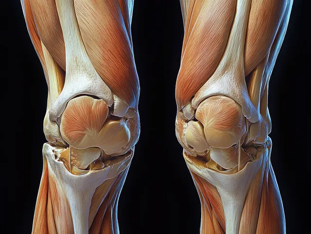 3D render of anterior knee anatomy showing femur, patella, meniscus, cartilage, and surrounding ligaments on a dark background.
