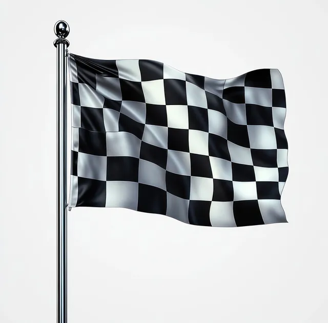 Black and white checkered flag waving on metallic pole against clean white background