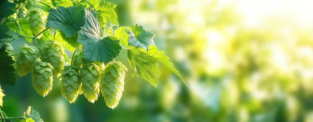 Green hop cones grow on vines in warm sunlight with a blurred background.