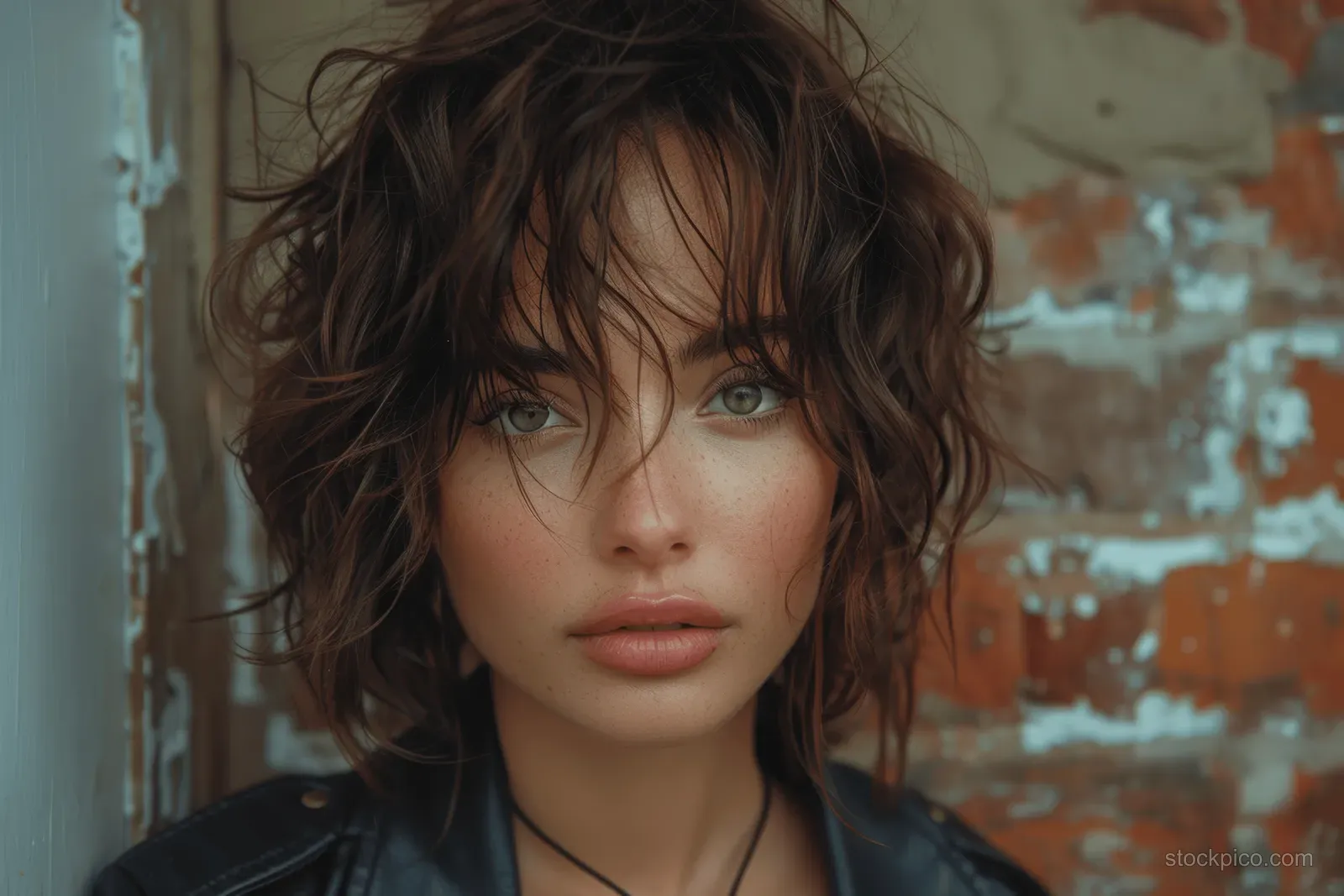 Curly-haired woman in a black leather jacket posing on a city street under warm dusk light.