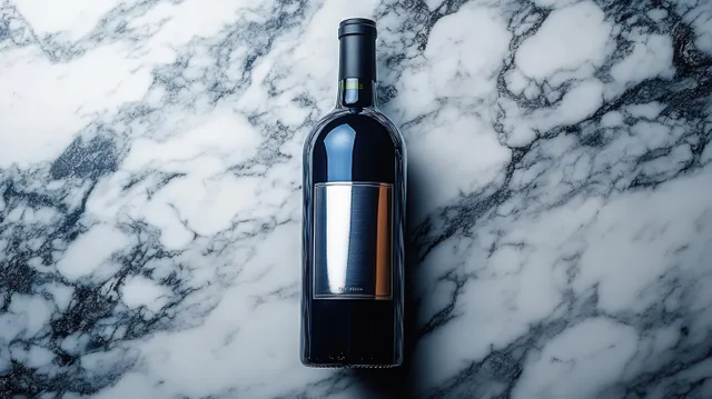 Dark bottle with a blank metallic label resting on a white and gray marble background.
