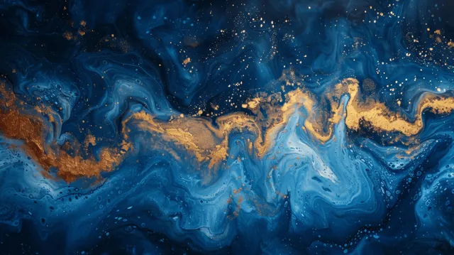 Blue and gold abstract fluid swirls resembling a galaxy with textured brush strokes and scattered golden specks.