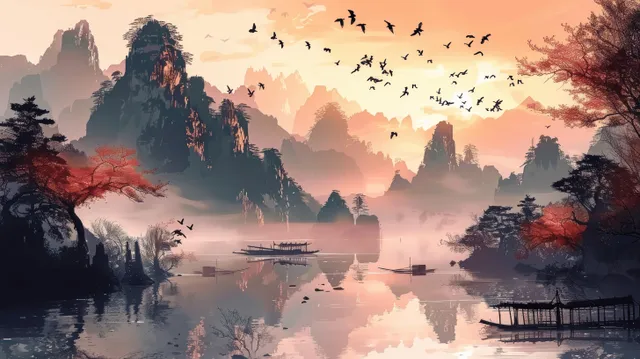 Ink-wash mountains fade into mist as birds fly over a calm river beside a wooden pier and boats.
