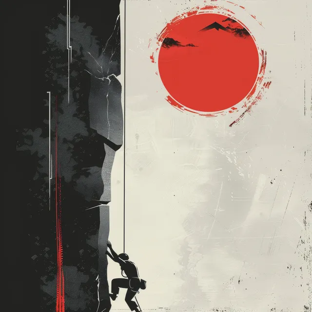 Sport climber silhouette scaling a rock wall beside a red Japanese sun circle