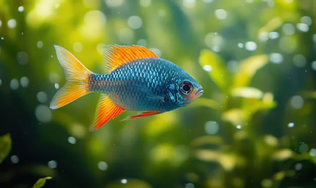 A vibrant blue and orange tropical fish swims among lush green plants and bubbles in clear water.