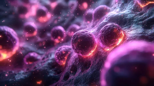 Microscopic embryo-like cells dividing amid glowing translucent membranes and DNA-like particles