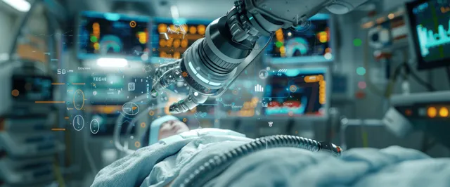 Robotic surgical arm operates beside holographic medical data screens in a futuristic hospital.