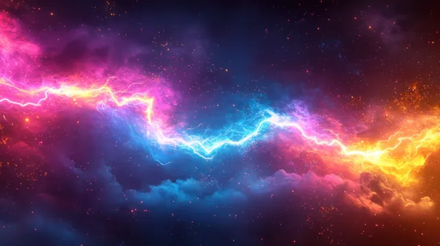 Neon lightning bolts illuminate dark storm clouds against a colorful cosmic nebula background.