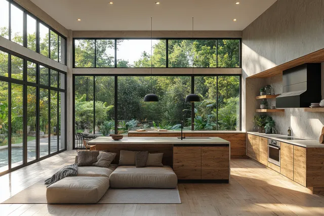 Warm beige minimalist kitchen with a bar counter, stools, sleek cabinets, and large windows showing green trees outside.