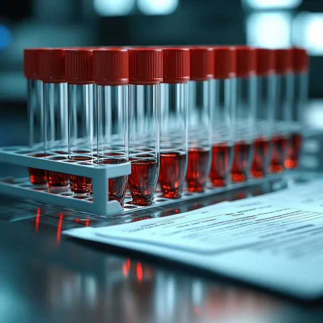 Red liquid test tubes sit in a laboratory rack beside a blurred document on a bench.