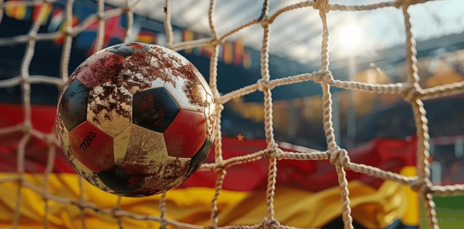 Close-up soccer ball trapped in a goal net with blurred German flag colors behind it in a stadium.