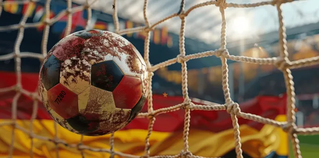 Close-up soccer ball trapped in a goal net with blurred German flag colors behind it in a stadium.