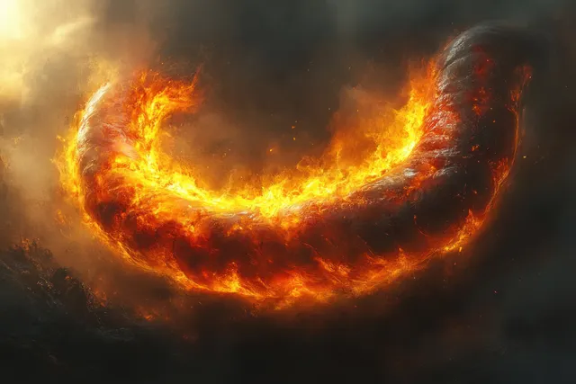 A fiery horseshoe-shaped blaze glows against a dark background with an esophagus-like silhouette.