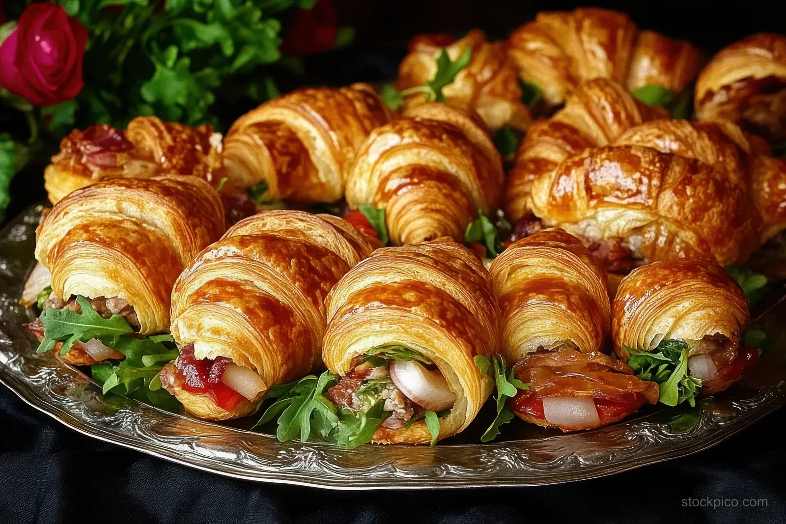 Golden croissant sandwiches on a tray with lettuce and tomato, set among green plants and a red rose.